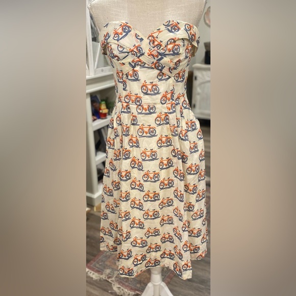 Anthropologie Dresses & Skirts - Anthropologie Dress Bicycle Print Strapless Fit and Flare Cotton Cream